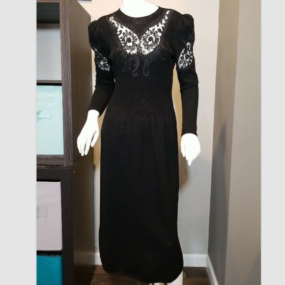 Vtg 80s Pat Sandler for Wellmore Black Santana Knit Cocktail Dress Stretch - Picture 3 of 7